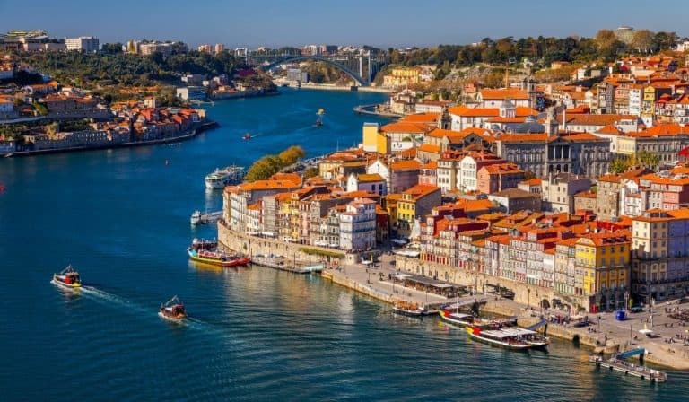 Ribiera district in Porto, Portugal, seen from an aerial perspective.