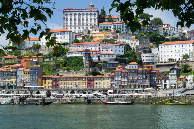 Porto Ribiera district seen from across the river through some leaves.
